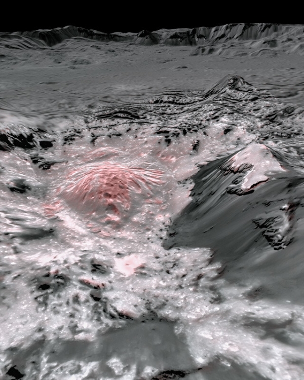 세레스의 지하저수지에서 표면으로 분출돼 올라온 염수 또는 소금액체(빨간색) 나사, 제공 인용