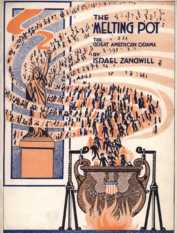 멜팅포트라는 술어는 1908년 영국의 극작가 쟁윌(Zangwill)이 쓴 희곡 'The melting pot'에 기원한다. 여기서 그는 "미국은 신의 위대한 용광로입니다. 유럽의 모든 인종은 녹아서 새롭게 주조됩니다"라는 말을 했다. 출처: 위키백과