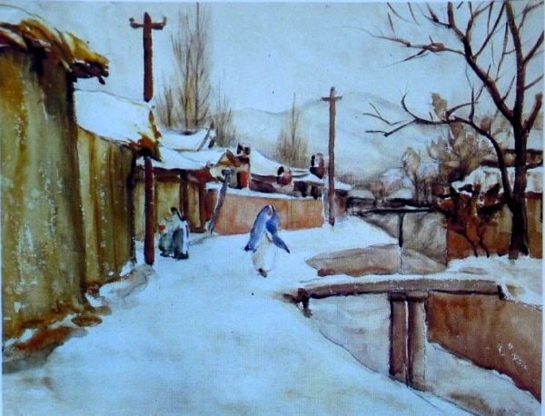 The street in front of my house, 1930년대, 31.5×42.5, watercolor on paper, Collection of Daegu Museum of Art   Reporter Kim Young-chang