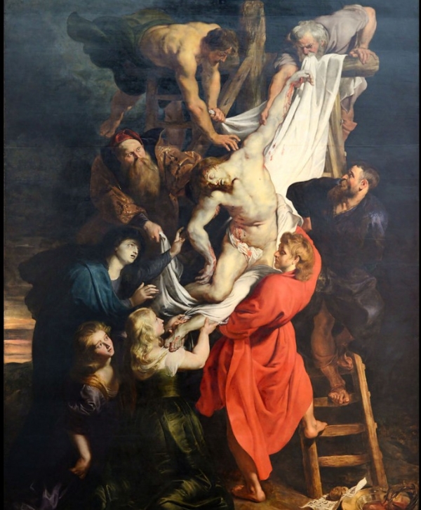 루벤스의 작품‘십자가에서 내려지는 예수’(1612-1642)이다. 루벤스는 그의 고향인 안트워프 대성당에 제단화(祭壇畵)로 그린 그림이다. 제자 요한은 힘겹게 예수의 몸을 떠받치고 있고, 무릎을 꿇은 채 한 쪽 다리를 붙들고 슬픔에 잠긴 사람은 막달라 마리아이다. 위키백과