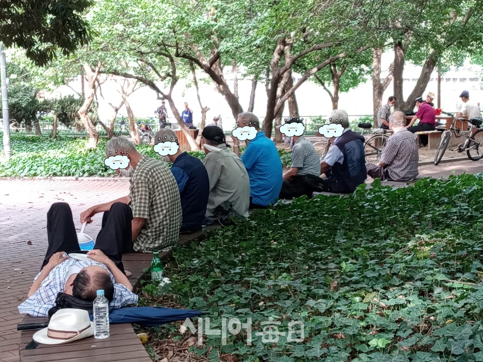 공원의 그늘에서 휴식을 취하시는 어르신들 모습      김 종 광   기자